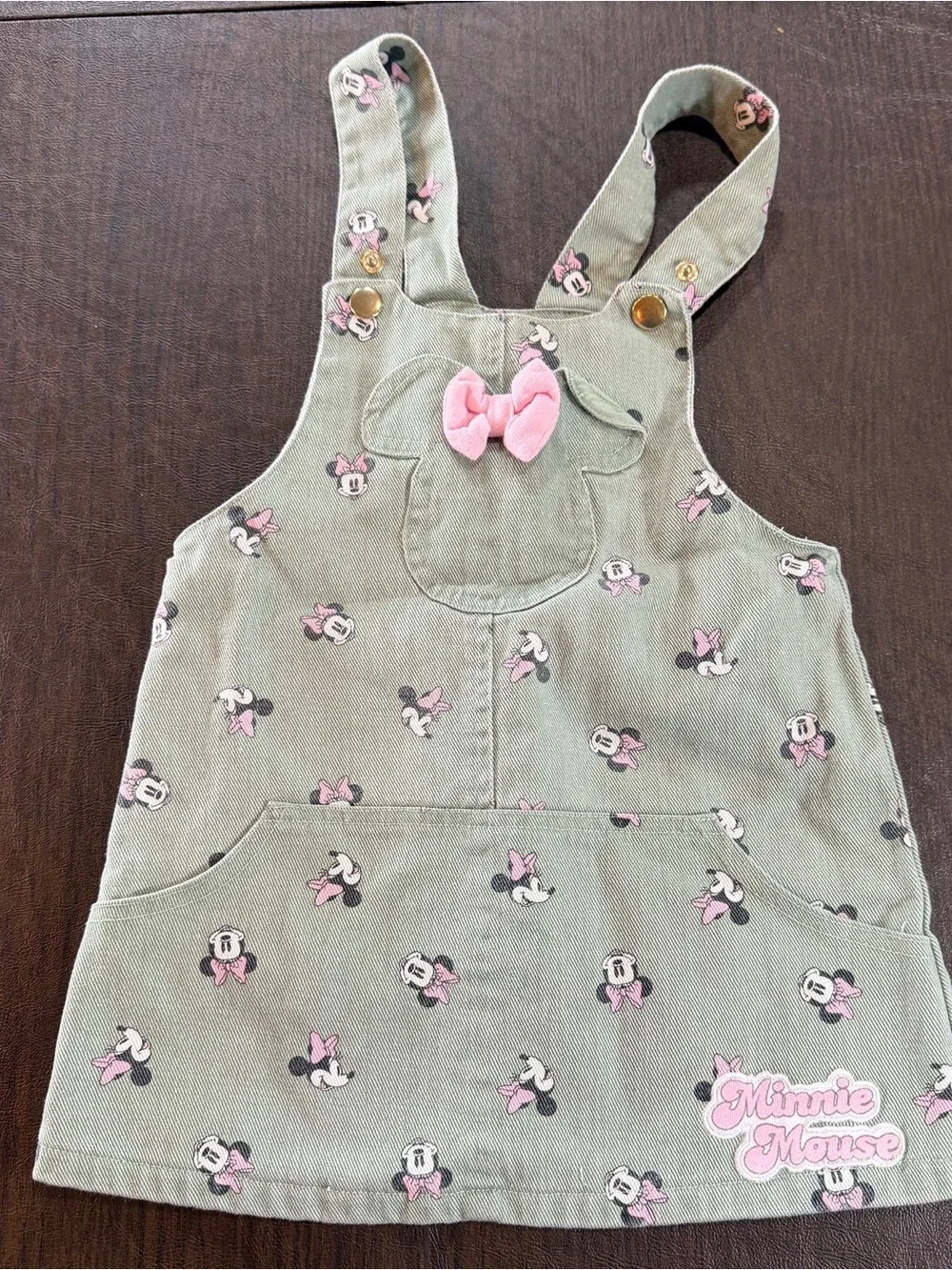 Disney Junior Minnie Mouse Pink-Accent Green Overall Dress for Kids Sz 3T